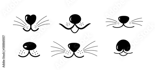 Dog or cat muzzle with nose and whiskers. Cute face of an animal or pet. Open mouth and tongue icons set. Vector illustration in cartoon style.  © Evi