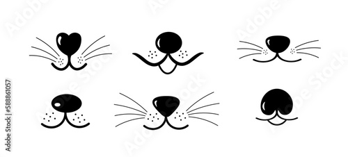Dog or cat muzzle with nose and whiskers. Cute face of an animal or pet. Open mouth and tongue icons set. Vector illustration in cartoon style.

