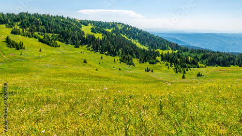 Beautiful landscape of valley in Alpine mountains  small trail  hike root  majestic picturesque view in sunny day