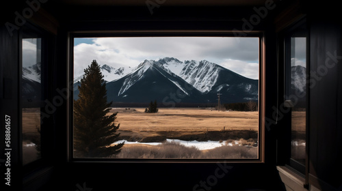 Cinematic landscape of mountains seen through cabin window. Marketing and website mockup. Created using generative AI. 