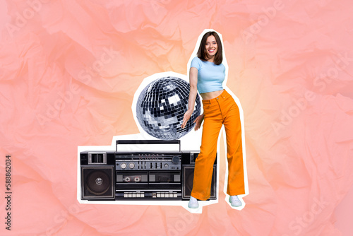 Photo collage of young funky girl cheerful dancing weekend event enjoy vintage party have fun cassette player disco ball isolated on pink background
