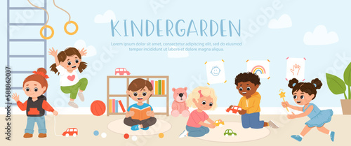 Kids play toys and games together in kindergarden. Cartoon playroom with multiracial children.