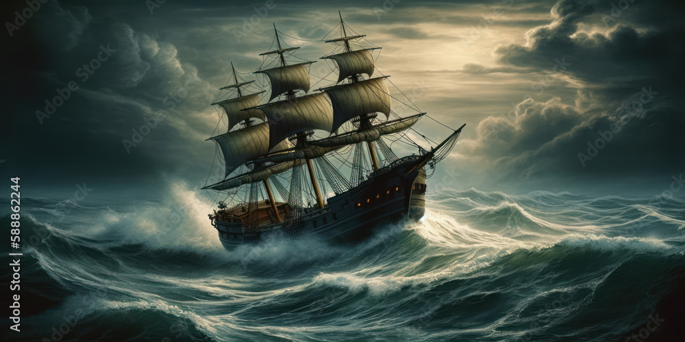 The Tempestuous Battle: A Sailing Ship Struggles Against the Stormy Seas. Generative AI