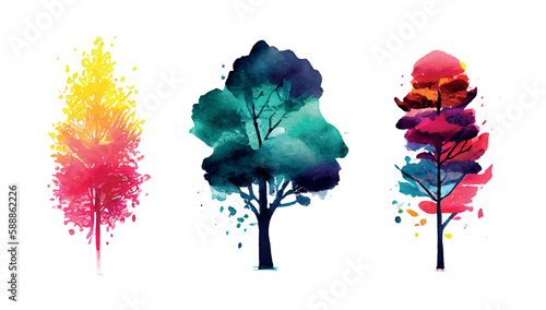 Watercolor trees collection. Set of hand drawn plants