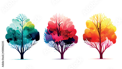 Set of watercolor trees. Collection of colorful plants