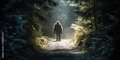 Elusive Encounter: Bigfoot Spotted on Forest Road. Generative AI © Bartek