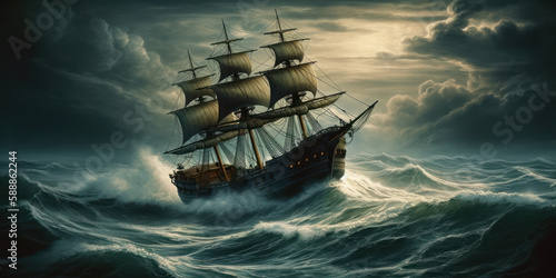 The Tempestuous Battle: A Sailing Ship Struggles Against the Stormy Seas. Generative AI