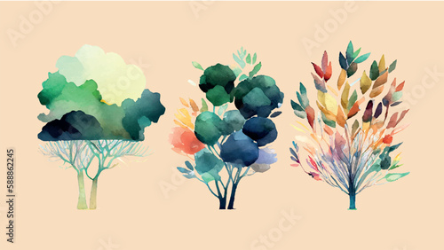 Set of watercolor trees. Collection of hand-drawn plants
