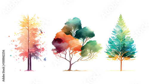 Watercolor trees collection. Set of hand drawn plants