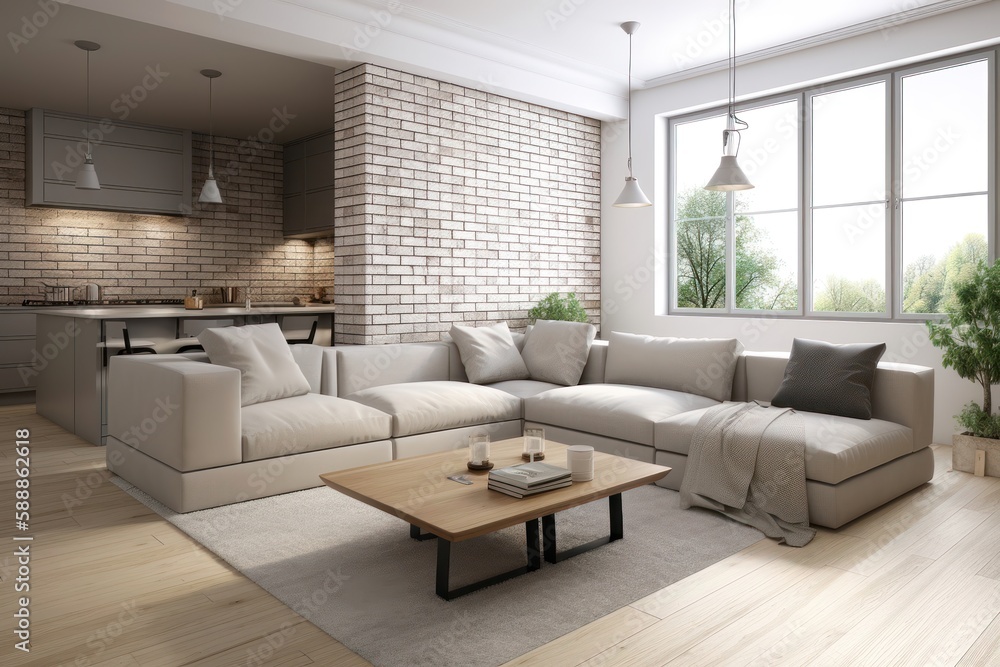 Fototapeta premium Interior design of modern apartment, living room with corner sofa over the white brick wall. AI generated