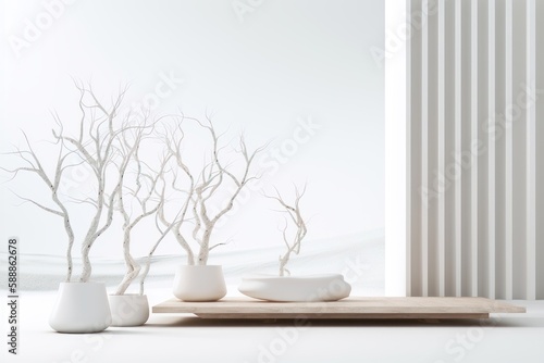 Wallpaper Mural Podium and dry tree twigs branch with white sand beach on white background. AI generated Torontodigital.ca