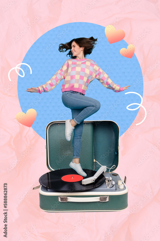 Vertical creative collage illustration photo of positive beautiful woman dancing on retro vinyl recorder isolated drawing background Vertical creative collage illustration photo of positive beautiful woman dancing on retro vinyl recorder isolated drawing background