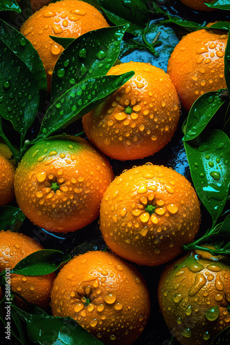Seamless background many ripe orange tangerines with green leaves visible water drops