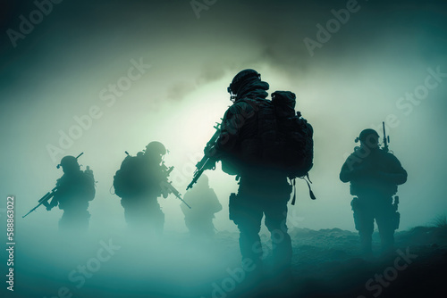 AI generated silhouettes of army soldiers attacking in smoke against sunset marines team in action © Oleksandr