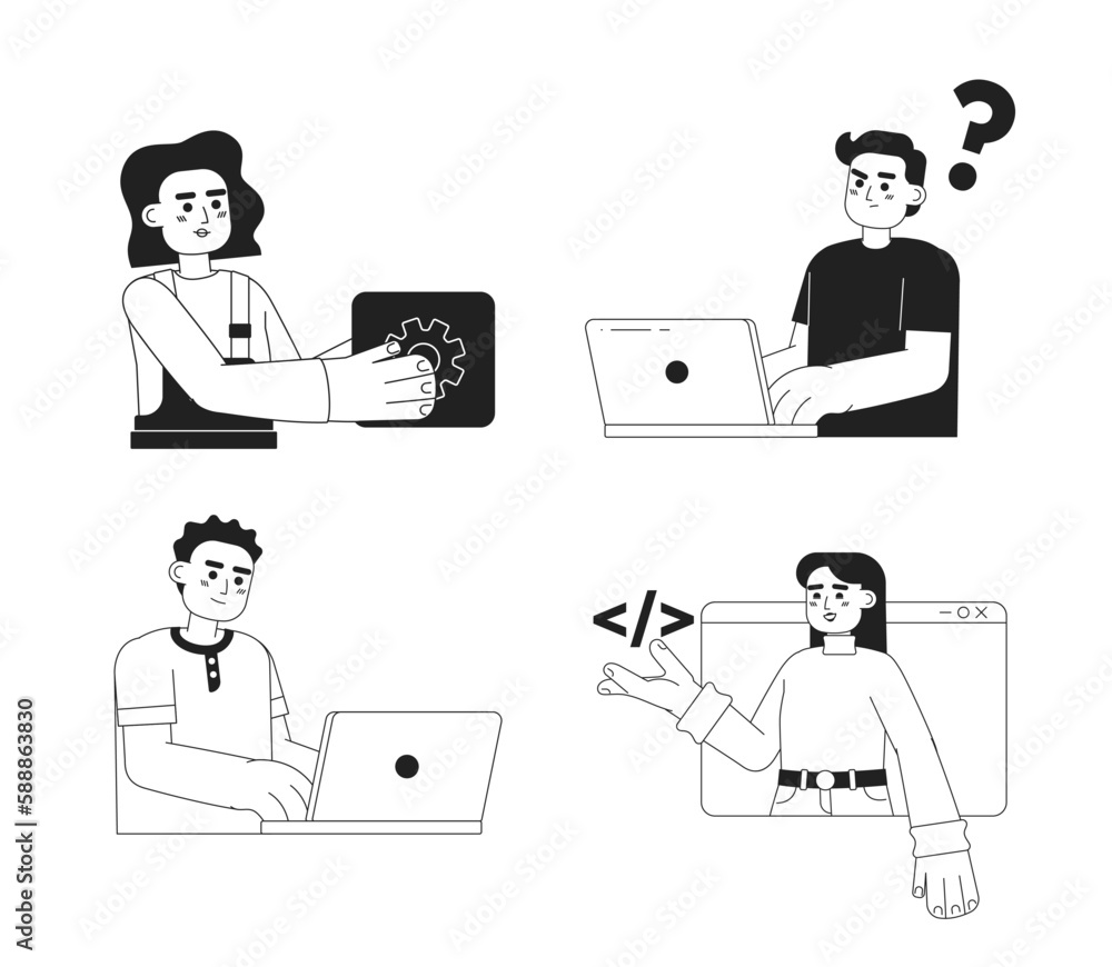 Programmers in IT industry monochromatic flat vector characters pack. Linear hand drawn sketches. Editable people. Simple black and white spot illustrations set for web graphic design and animation Programmers in IT industry monochromatic flat vector characters pack. Linear hand drawn sketches. Editable people. Simple black and white spot illustrations set for web graphic design and animation