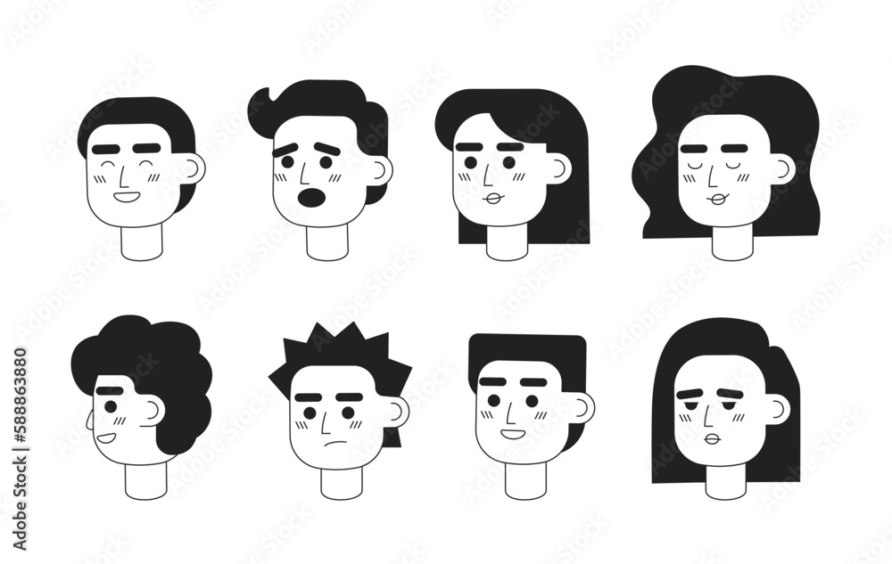 Women, men emotional variations monochromatic flat vector character heads pack. Black white avatar icons. Editable cartoon user portraits. Simple lineart spot illustrations set for web graphic design Women, men emotional variations monochromatic flat vector character heads pack. Black white avatar icons. Editable cartoon user portraits. Simple lineart spot illustrations set for web graphic design