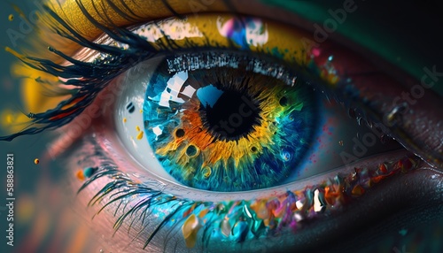 Close-up shot of beautiful female eye with multicolor makeup, Generative AI