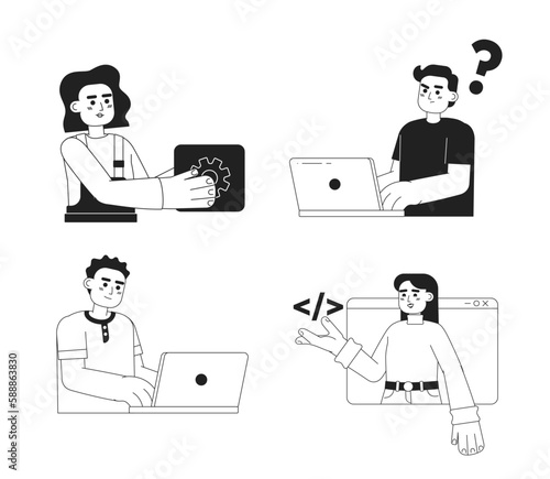 Programmers in IT industry monochromatic flat vector characters pack. Linear hand drawn sketches. Editable people. Simple black and white spot illustrations set for web graphic design and animation