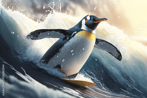 Penguin surfing. Generative AI.