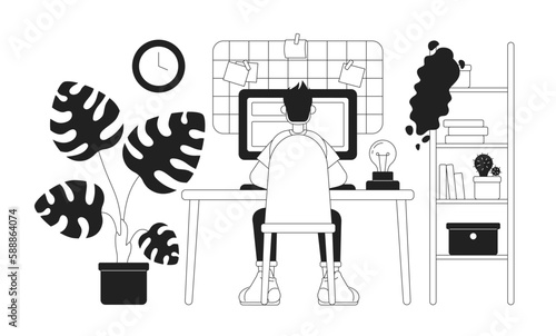 Cozy home office setup with freelancer 2D vector monochrome isolated spot illustration. Flat black and white character on cartoon background. Thin line editable scene for mobile, website, magazine