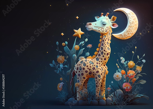 Giraffe cub. Giraffe. Flowers and moon. Cartoon. Generative AI