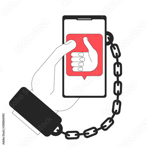 Telephone dependence line concept vector spot illustration. Editable 2D flat colour cartoon first view hand on white for web design. Handcuffs and phone creative lineart idea for website, mobile, blog