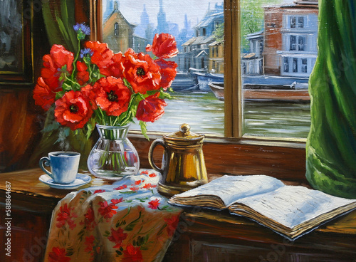 Oil paintings still life with flowers and book, a cup of coffee, poppies in the vase, view from the window on the old port, fine art
