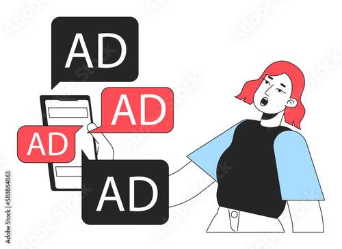 Digital ads overload line concept vector spot illustration. Editable 2D flat colour cartoon character on white for web design. Infoxication on internet idea for website, mobile. Myriad Pro font used