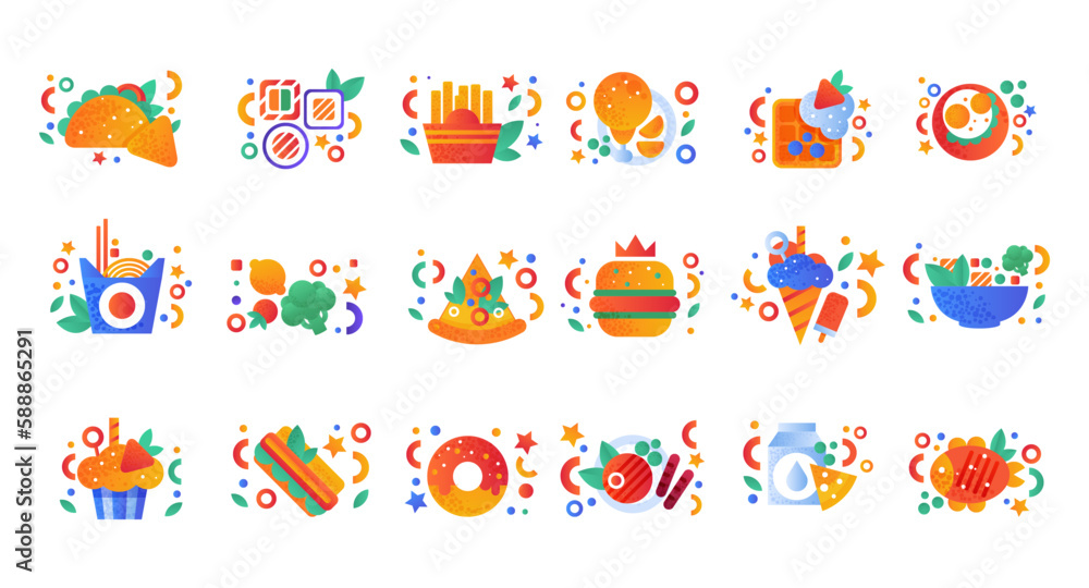 Fast Food Snack and Tasty Meal Object Bright Flat Element Composition Vector Set Fast Food Snack and Tasty Meal Object Bright Flat Element Composition Vector Set