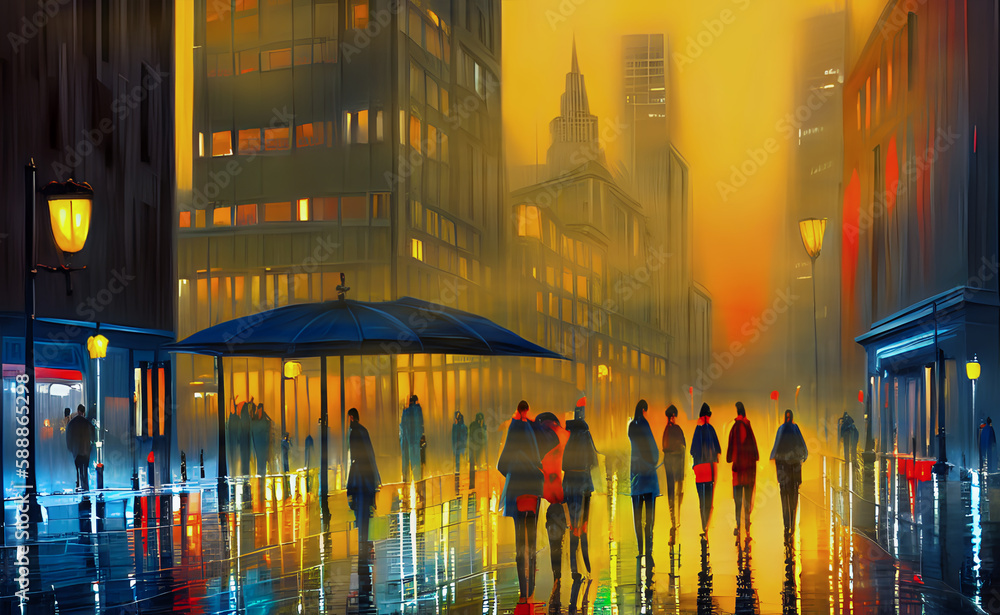 People walking by the street in downtown of big city after the rain ...