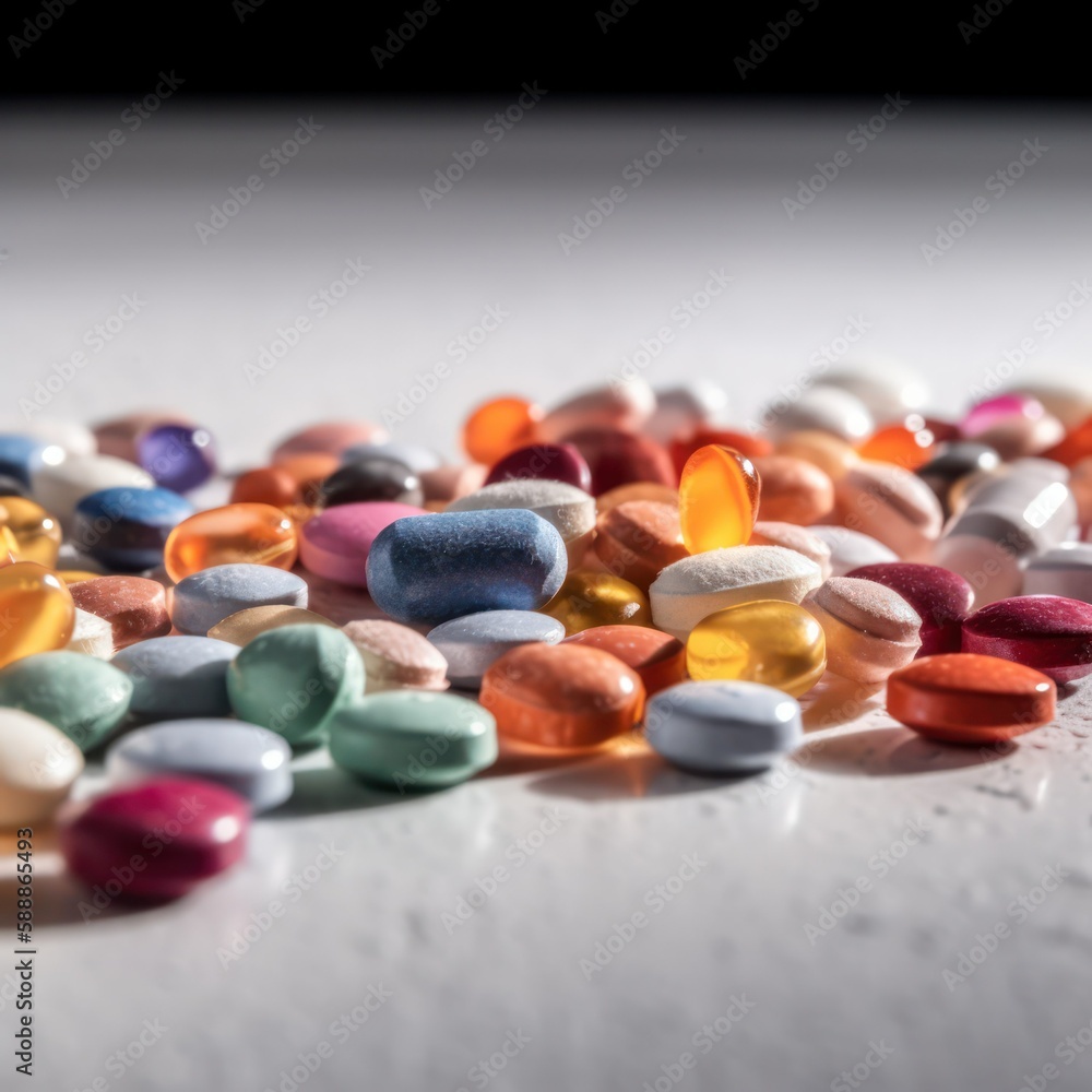 scattering of pills and tablets on the white table.medicine, treatment, health and nutritional supplements. generative AI scattering of pills and tablets on the white table.medicine, treatment, health and nutritional supplements. generative AI