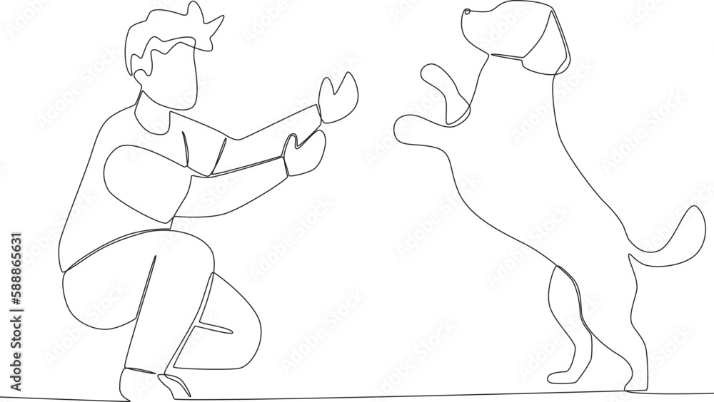 A dog excitedly about playing with a man. Walking or playing with dog one-line drawing A dog excitedly about playing with a man. Walking or playing with dog one-line drawing