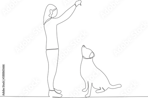 A woman showing a toy to a dog. Walking or playing with dog one-line drawing