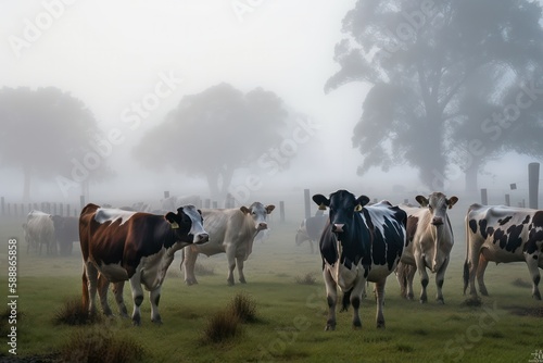 a herd of cattle grazes on a foggy morning in the farm fields. generative AI © Margo_Alexa