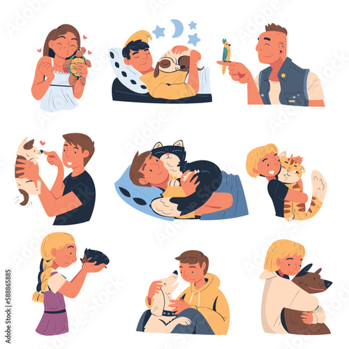 People Characters with Their Favorite Pets Cuddling and Loving Them Vector Illustration Set