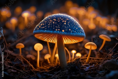 Glowing mushrooms blue and orange. Created using generative AI.