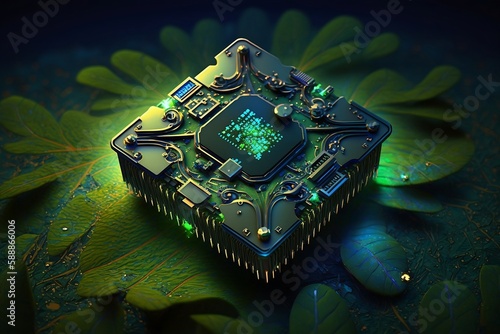 3d microchip on leaves, green energy, earth day. Created using generative AI.