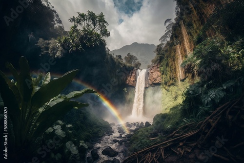 Waterfall in the jungle with a rainbow in front. Created using generative AI.