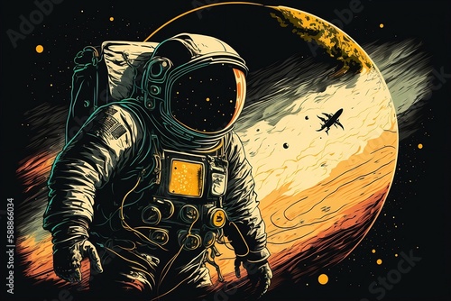 Astronaut in space in front of an unknown planet, vector. Created using generative AI.