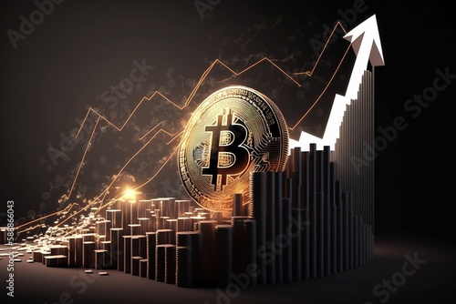 Bitcoin rising, stocks, crypto currency. Created using generative AI.