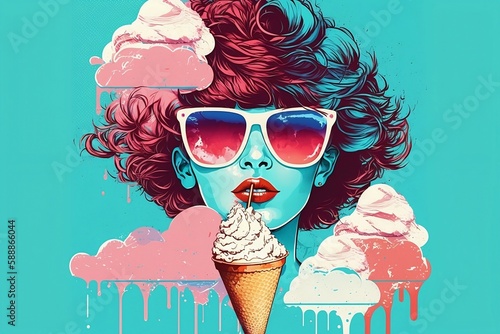 80s retro painting showing a woman enjoying ice cream with some melting clouds. Created using generative AI.