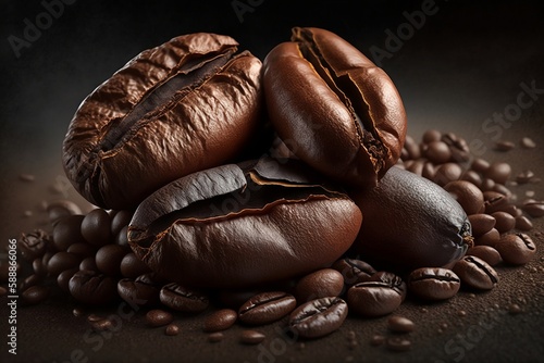 Close up coffee beans illustration, highly detailed. Created using generative AI.