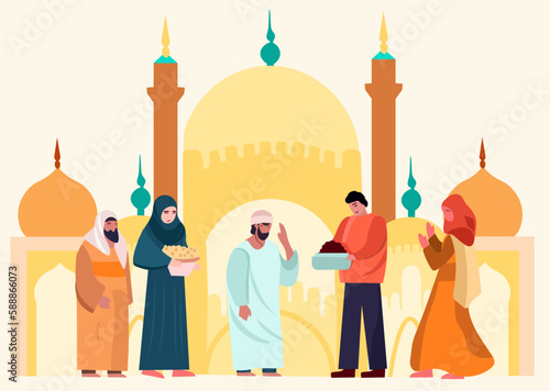 Joyful Muslim community and celebrating together, exchanging presents, engaging in charitable acts, and extending congratulations to one another, with a mosque silhouette backdrop. Vector.
