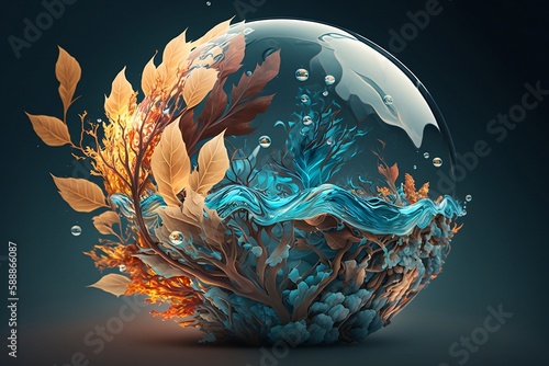 Fire water and leaves mix in a glass globe, waves, sea. Created using generative AI.