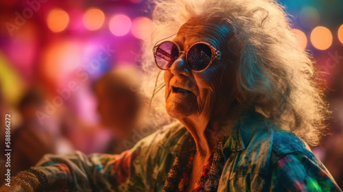 Amazed elderly woman dancing after accidentally used Ecstasy in night club created with generative AI technology