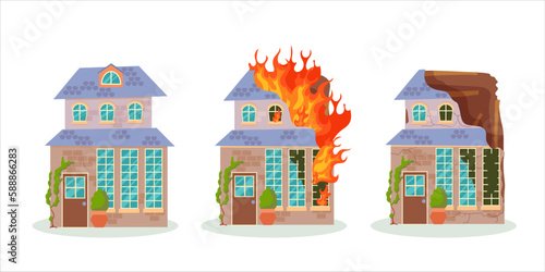 A destroyed building after a fire or an earthquake. Ruined city buildings after the war. Damaged city with old broken dilapidated housing. Vector illustration isolated on white background.