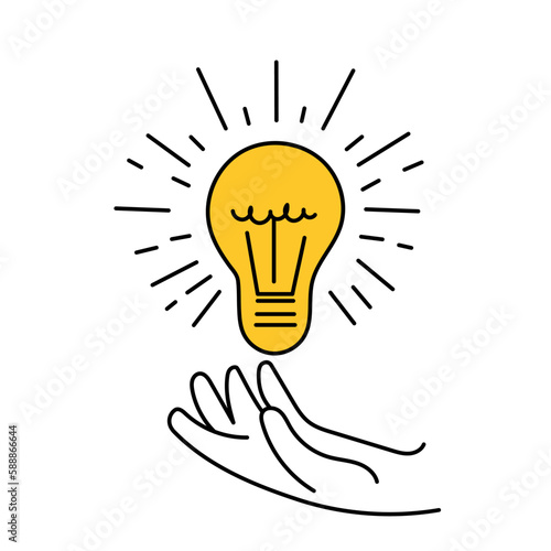 Bright lamp above the palm. Ideas, lateral thinking, imagination, solution and brainstorming. Thin line vector illustration isolated on white background.