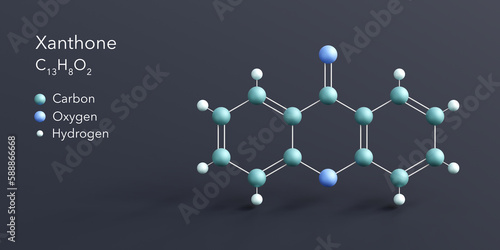 Xanthone molecule 3d rendering, flat molecular structure with chemical formula and atoms color coding photo