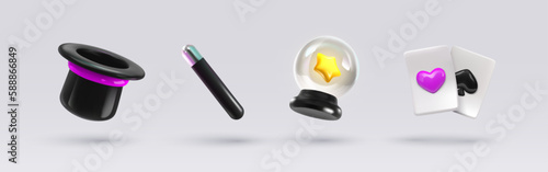 Vector magic hat, wand, playing cards and magical ball 3d cartoon icon set. Circus mystery objects collection on light background