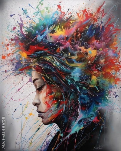 A woman with her hair in paint spatters, deep in thought, abstract painting, splatters, artistic